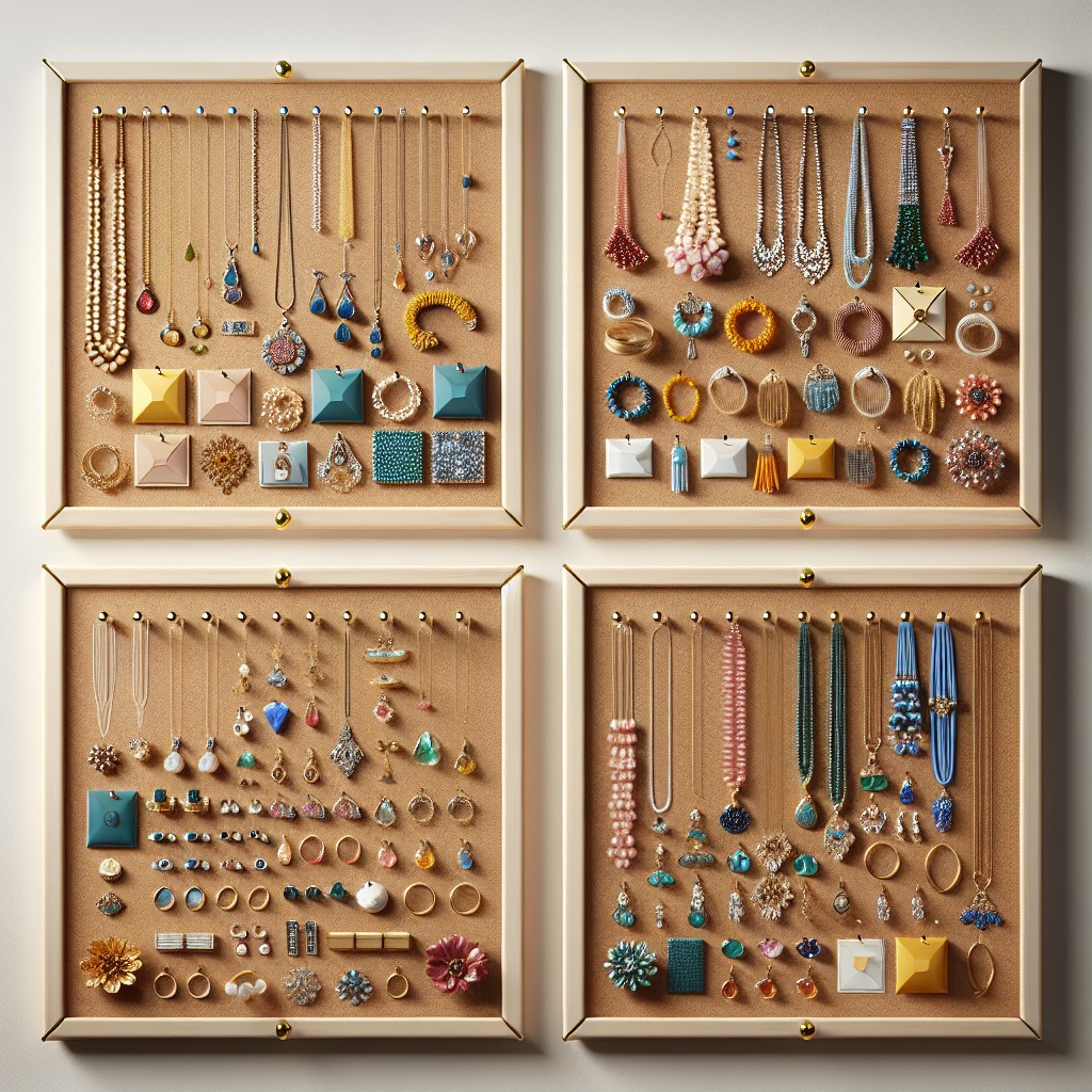 organize jewelry using four square cork boards