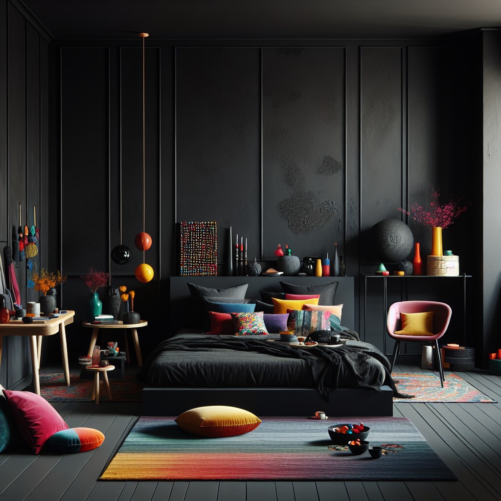 pair simple black furniture with colorful accents
