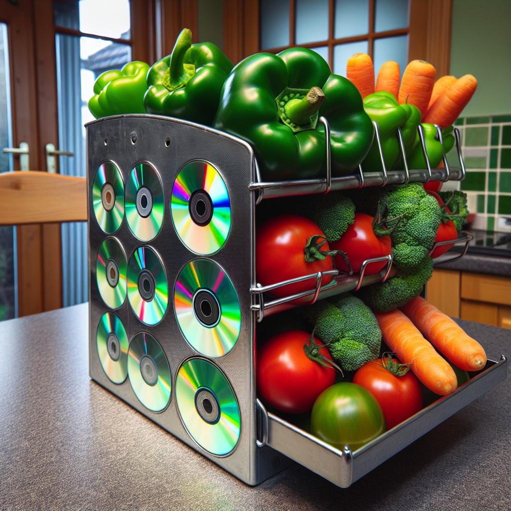 recycled cd rack for vegetable storage