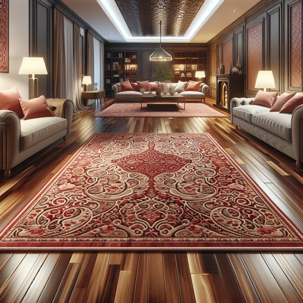 red patterned rug on brown hardwood floor