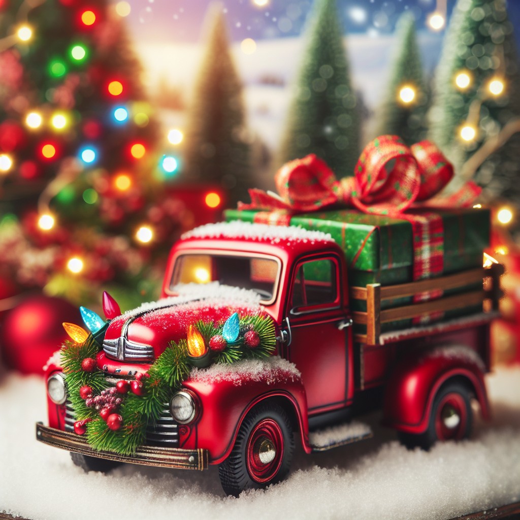 showcasing a vintage red truck with holiday flair