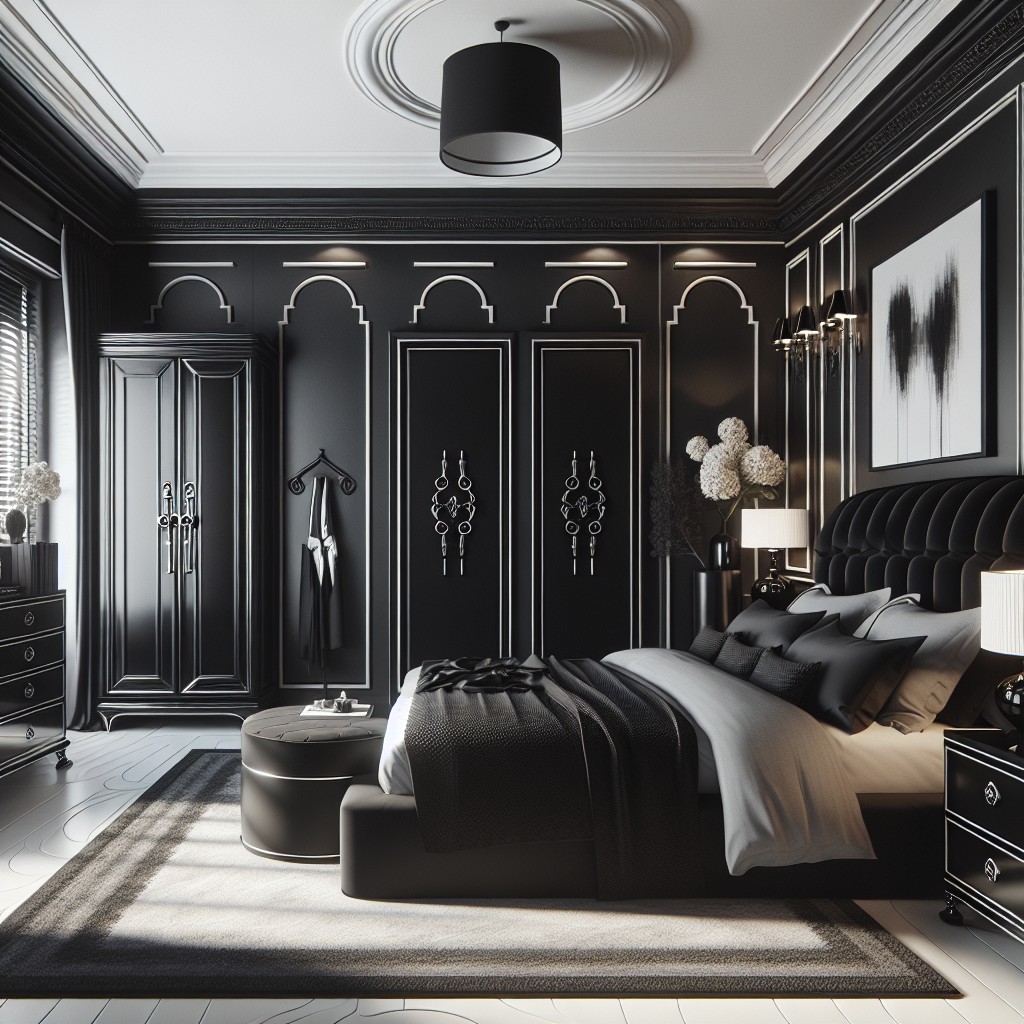 think high contrast when styling a black bedroom