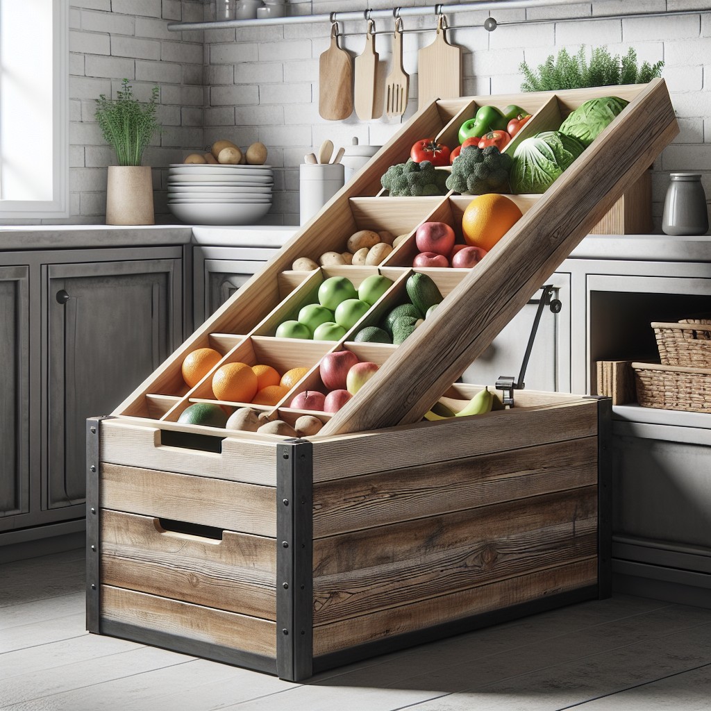 tilt out wooden trash bin turned produce storage