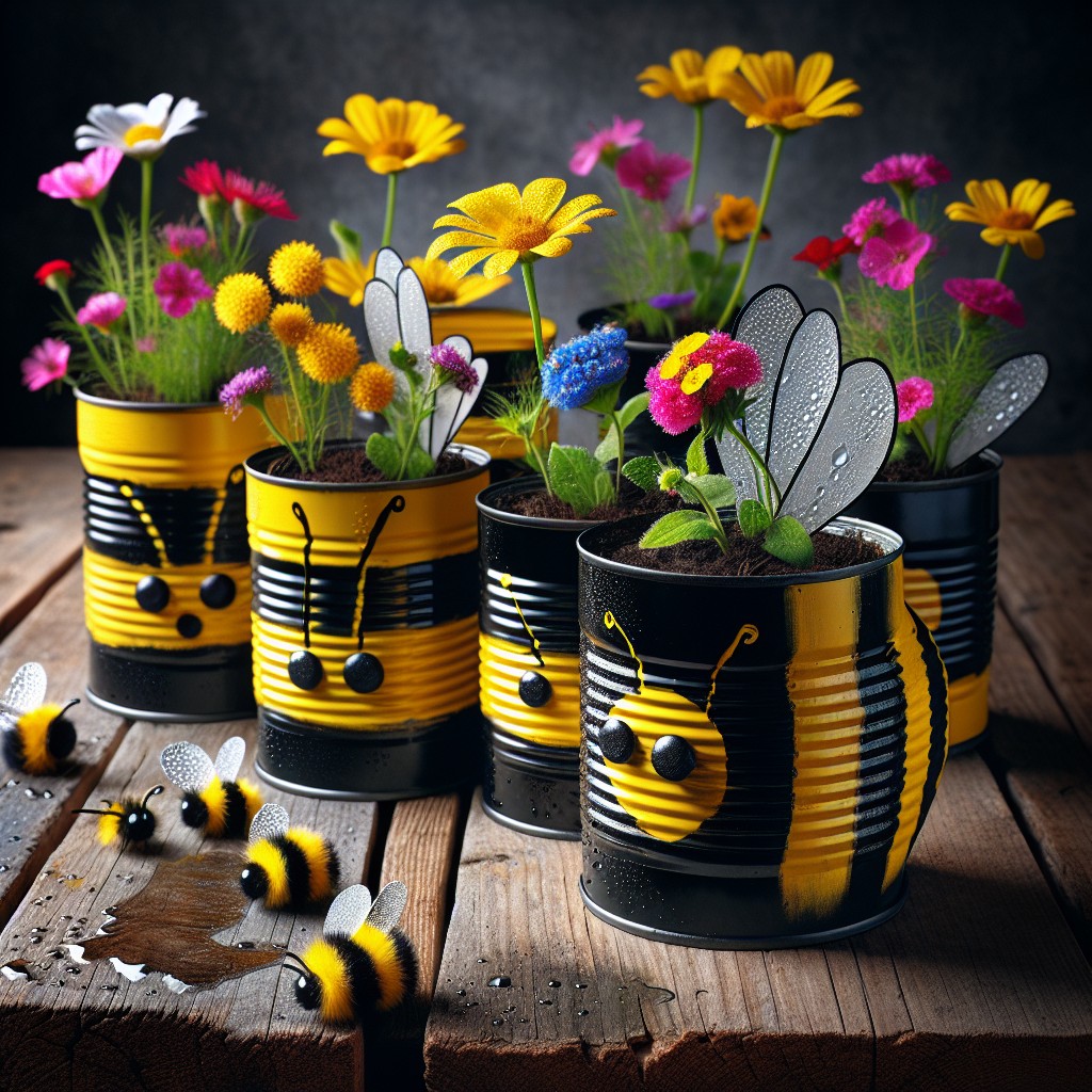 bee themed tin can flower pots