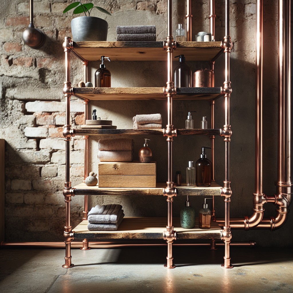 copper and wood industrial shelves