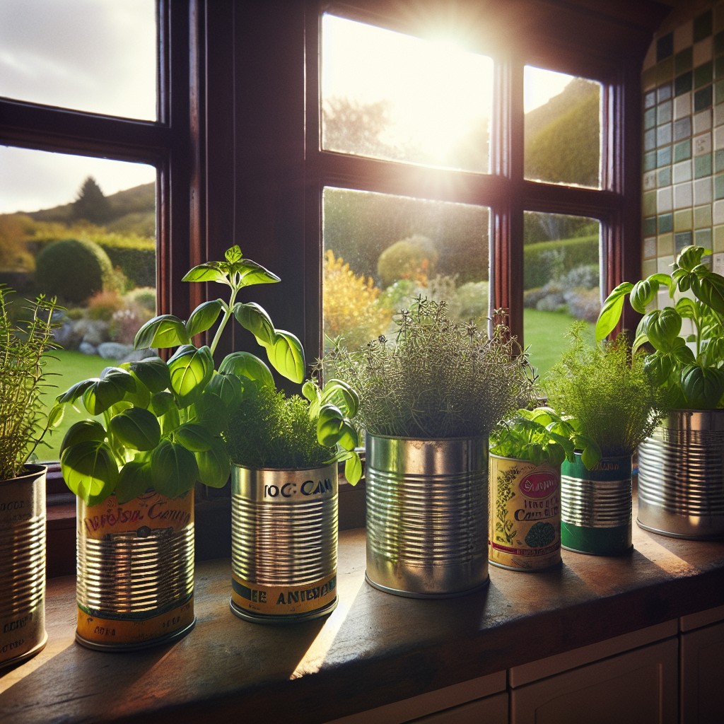 diy herb planter with tin cans