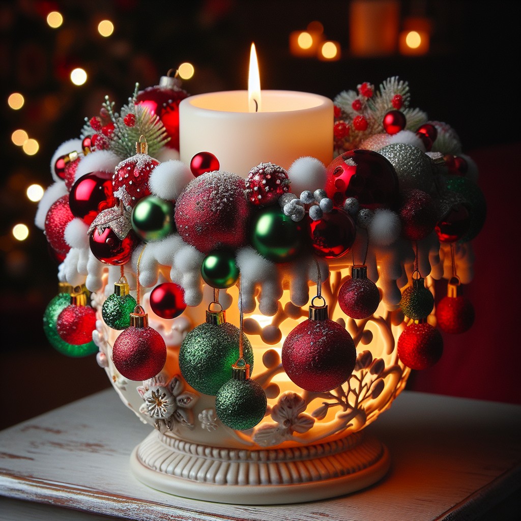 holiday themed candle holder using baubles