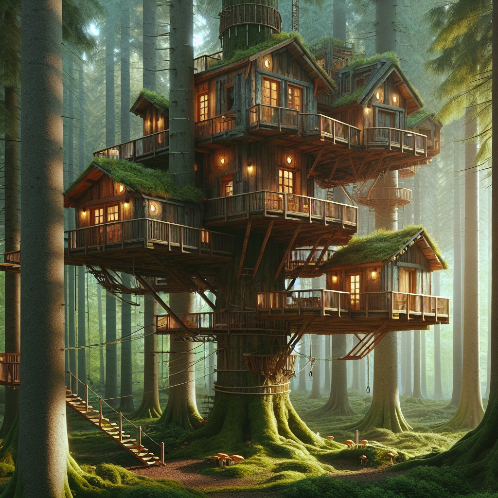 multi level tree house with ladder