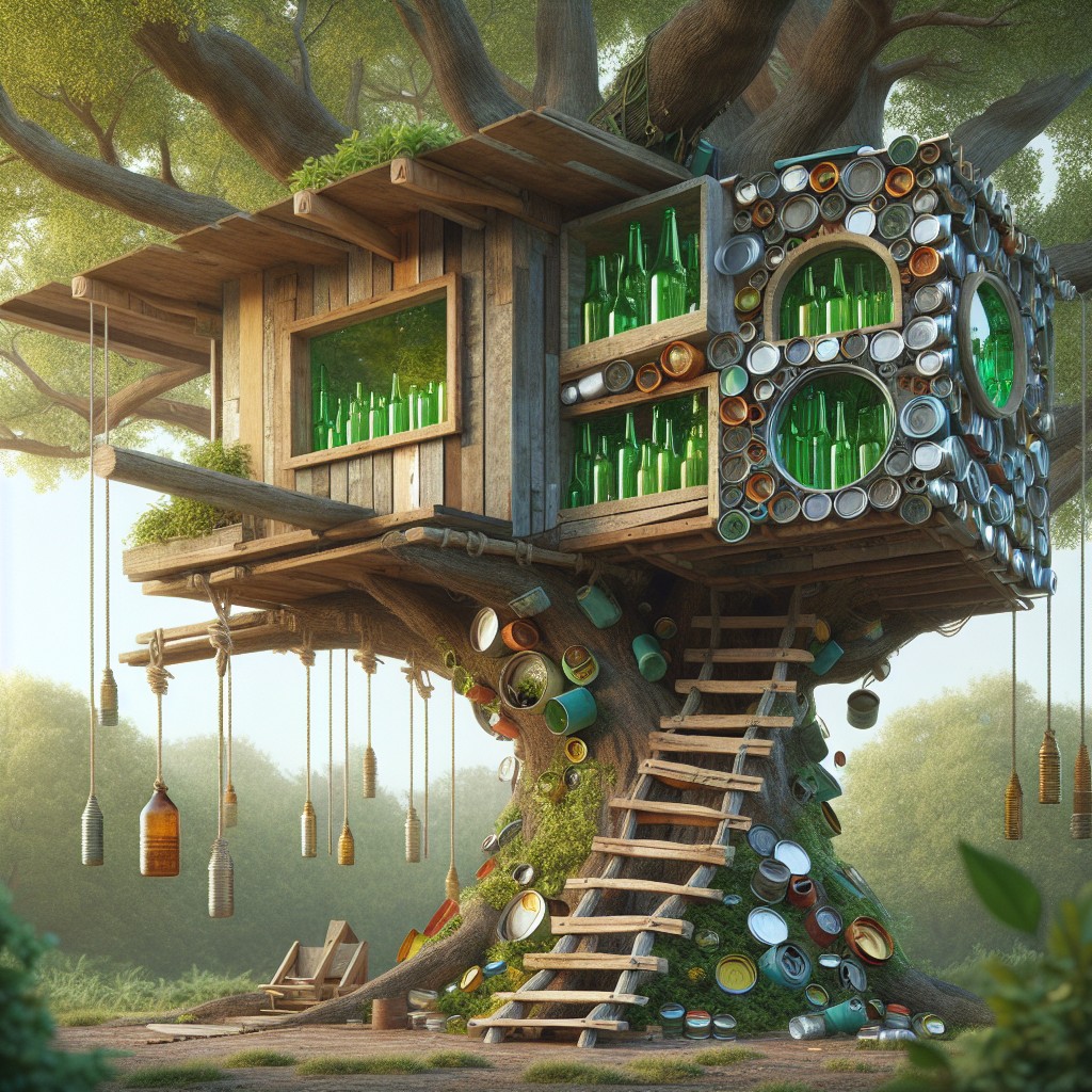 the sustainable treehouse constructed of recycled materials