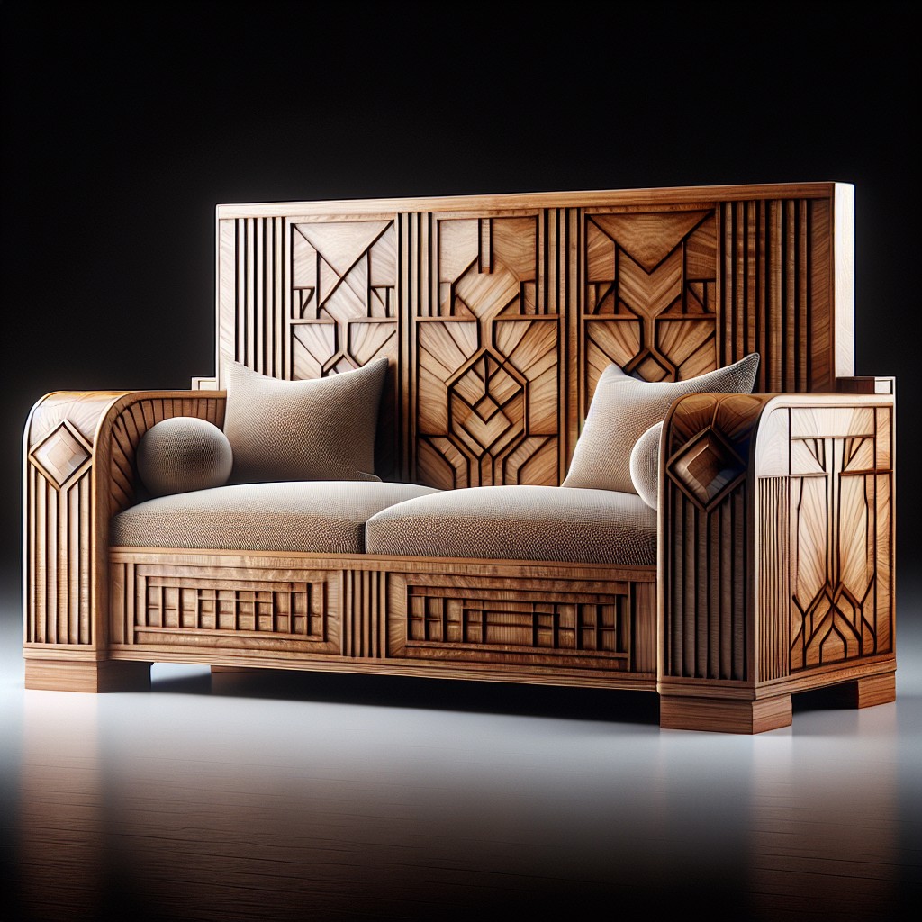 art deco wooden sofa with geometric patterns
