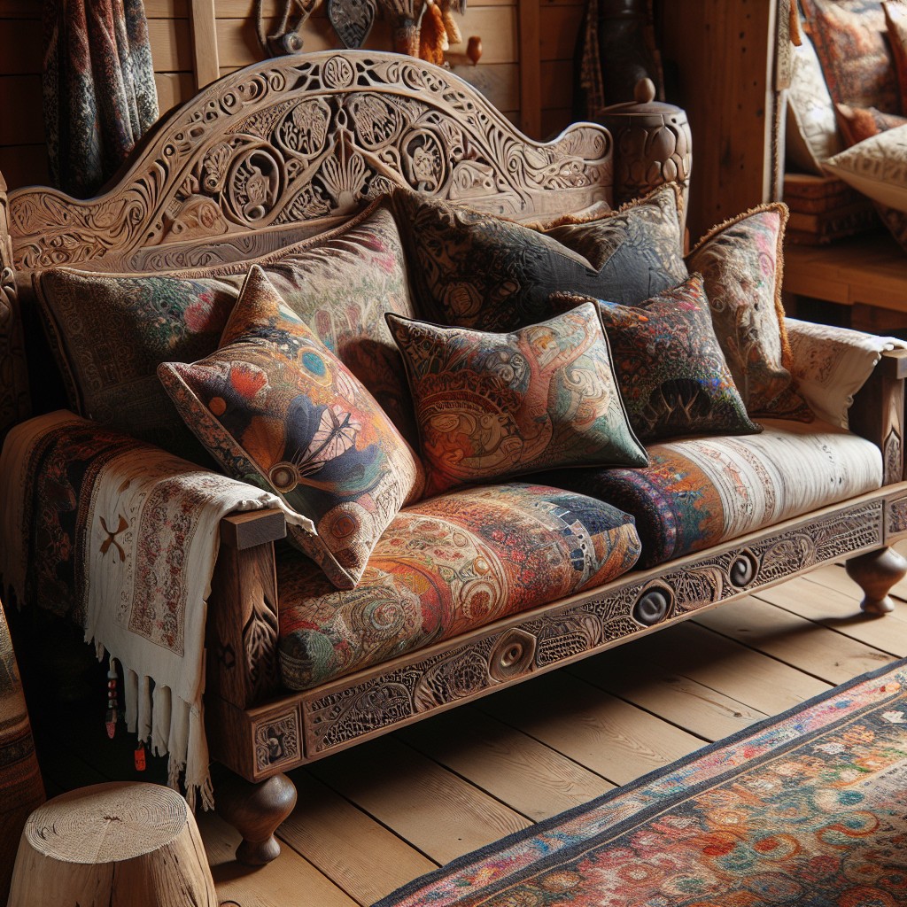 bohemian style wooden sofa with abstract prints