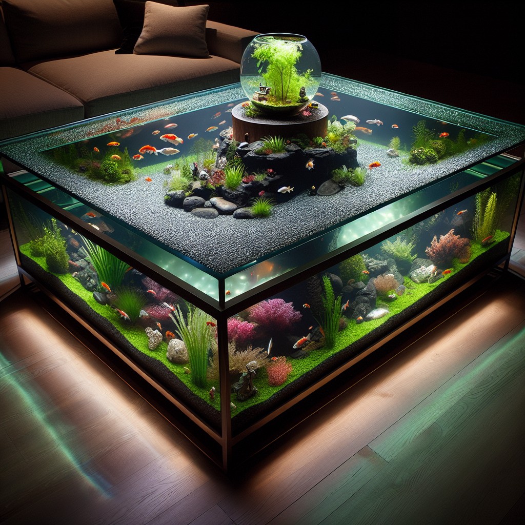coffee table with middle aged terrarium and aquarium