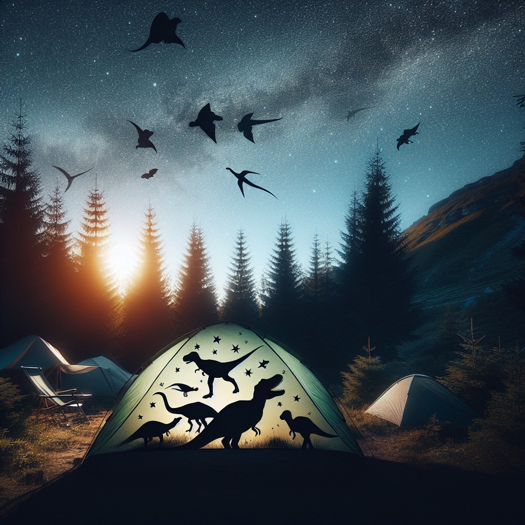 inspiring nighttime storytelling with dinosaur silhouette designs outside the tent