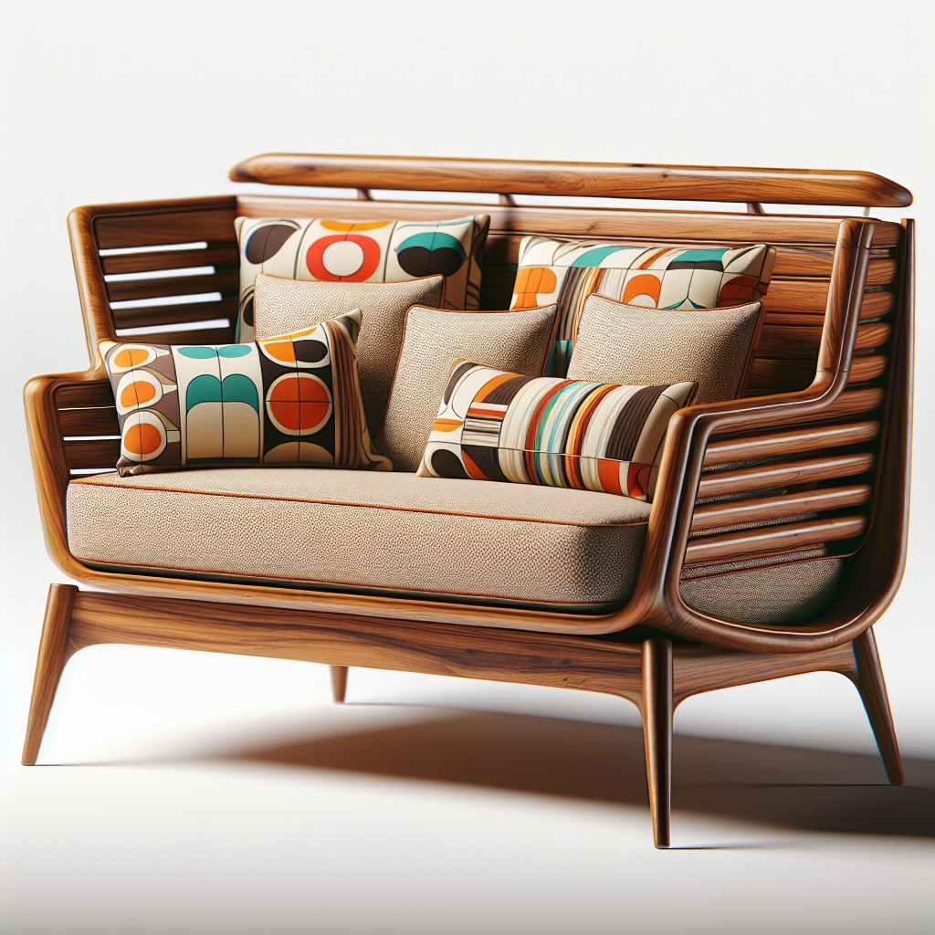 mid century modern wooden sofa with retro patterns