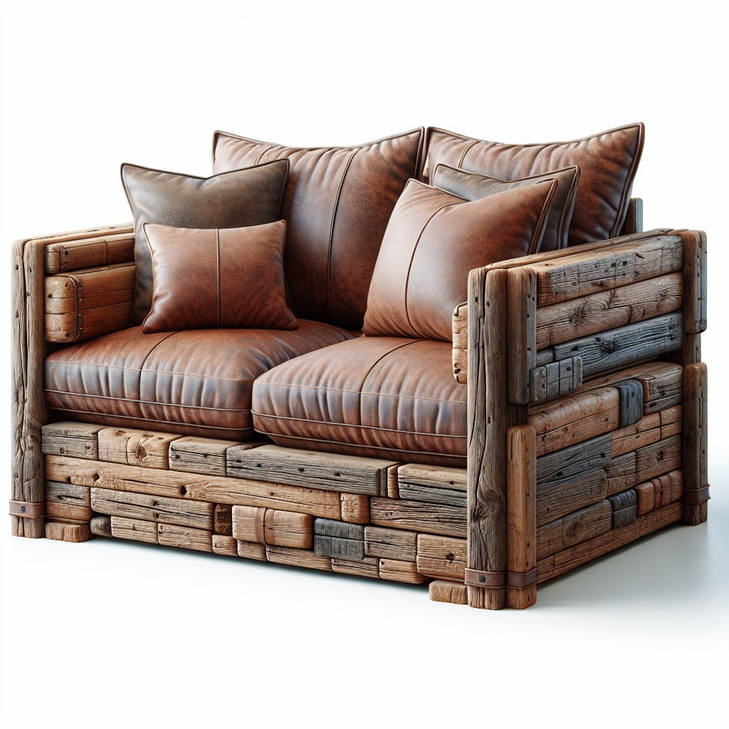 rustic barn wood sofa with leather cushions