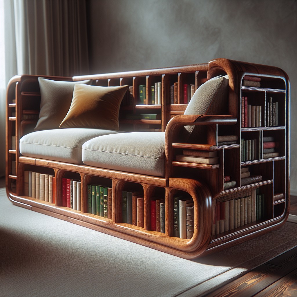 wooden sofa with built in bookshelves