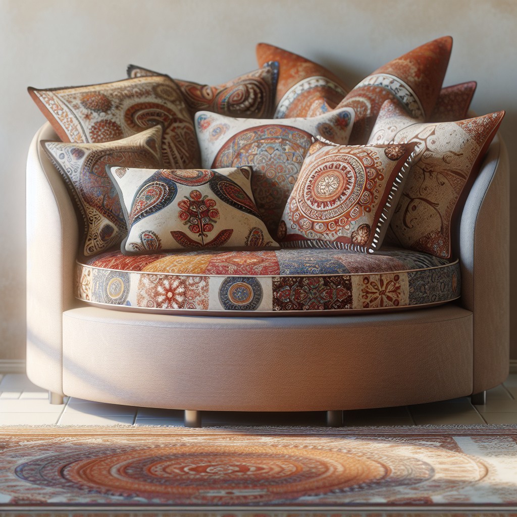 decorate round couch with boho chic throw pillows