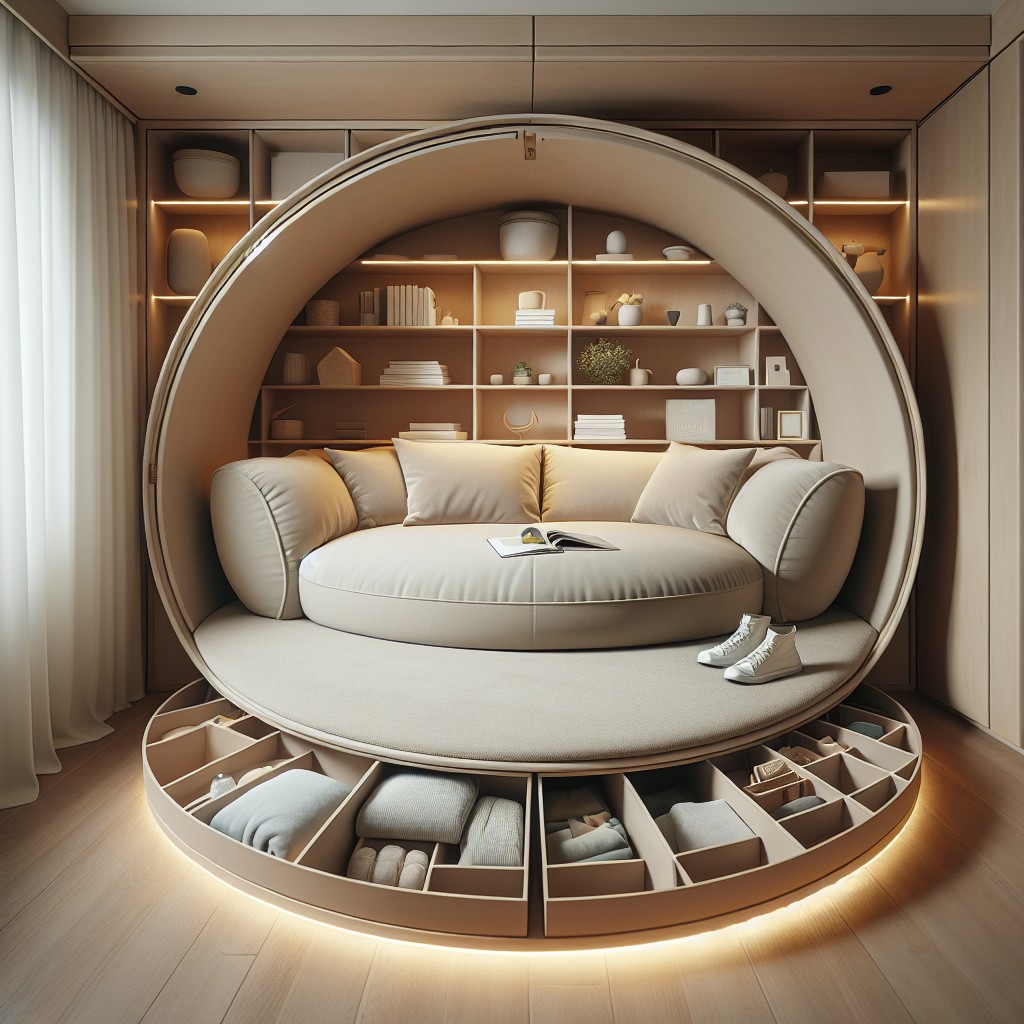 store under round couch in small spaces