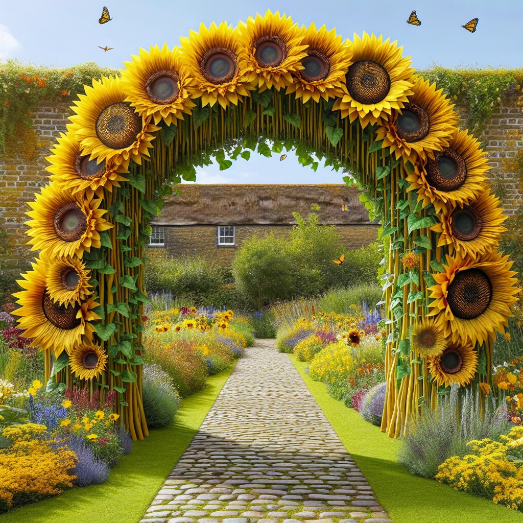 sunflower archway at the entrance of the garden