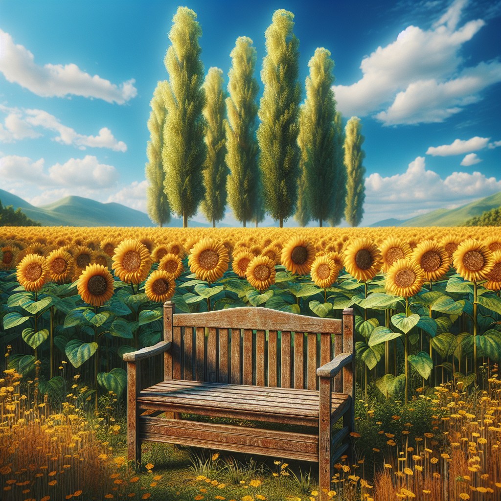 sunflower bed beside a garden bench