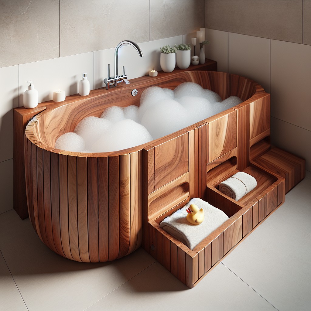 wooden bathtub with built in storage