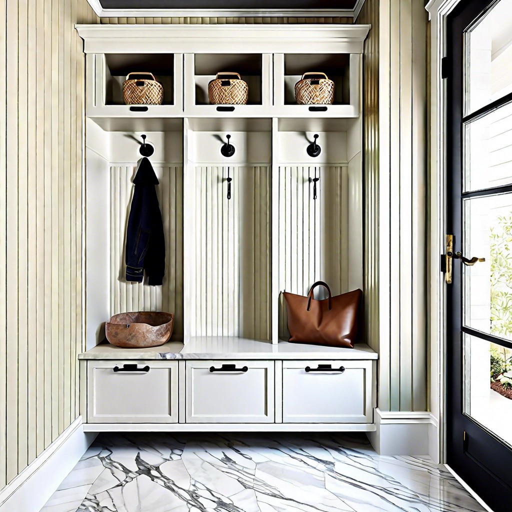 a fluted marble tiled mudroom