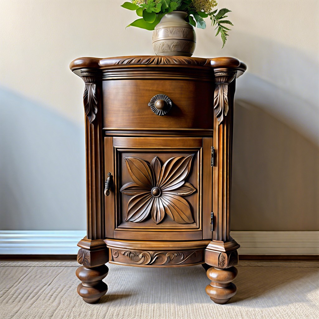 antique fluted nightstand with floral carving