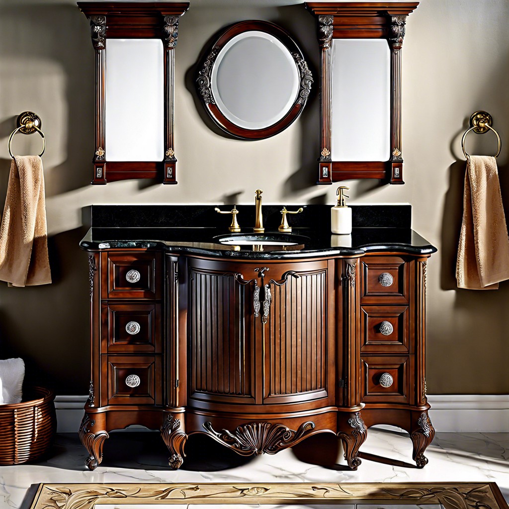 antique fluted vanity with granite countertop