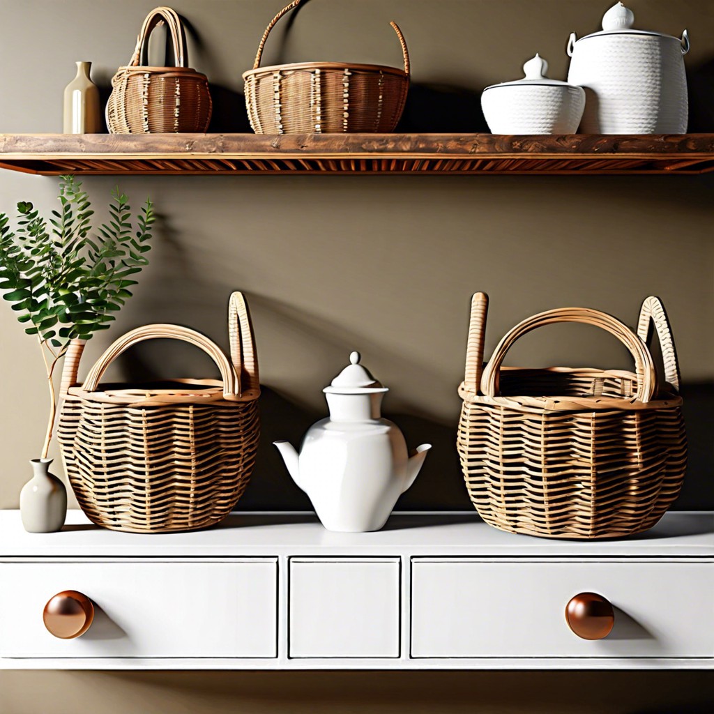 arrange a series of wicker baskets along a low shelf for rustic charm
