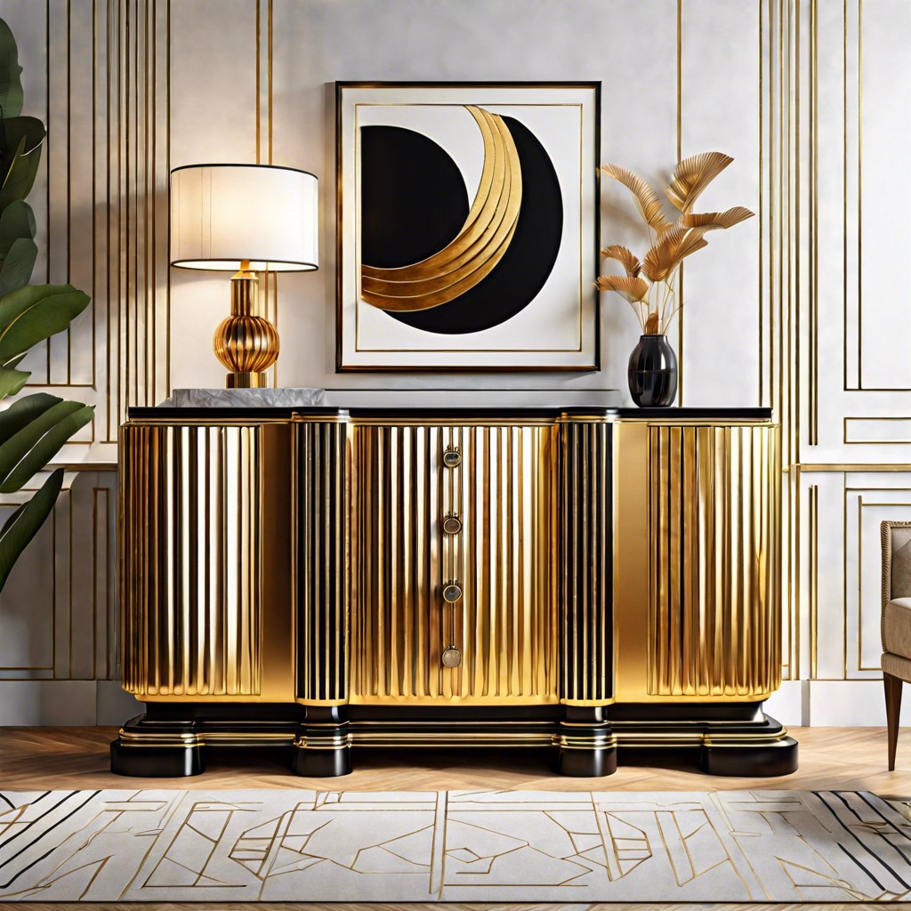 art deco style gold trimmed fluted credenza