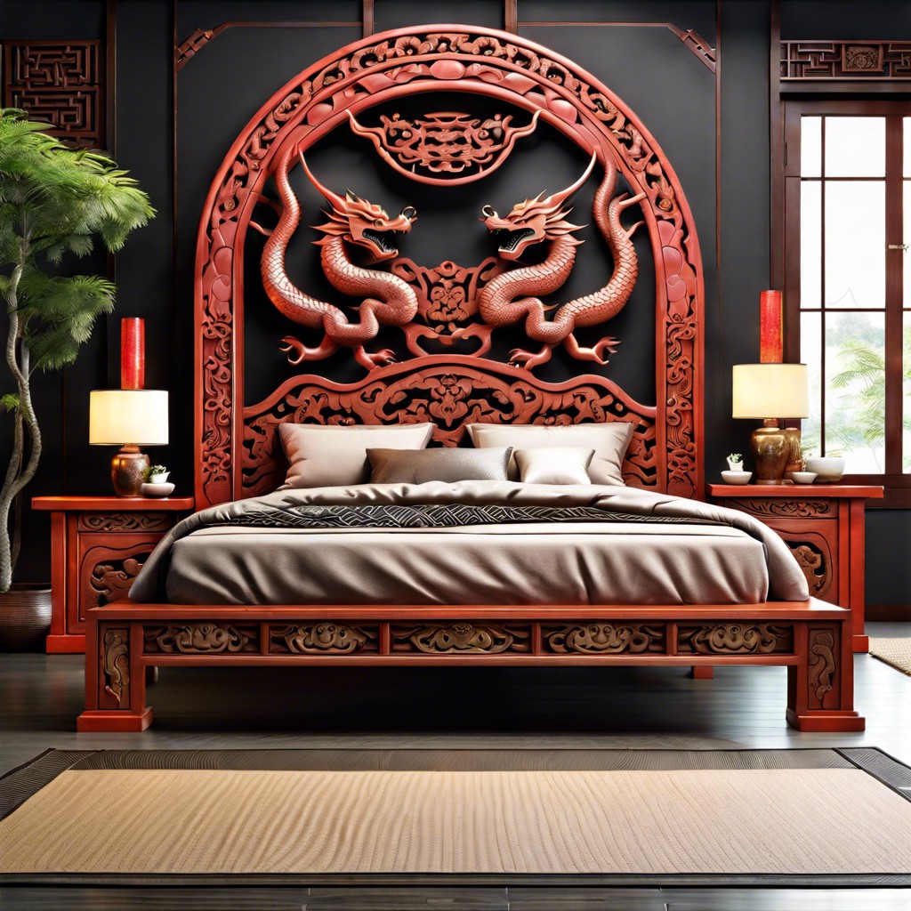 asian inspired carved dragon divider as headboard