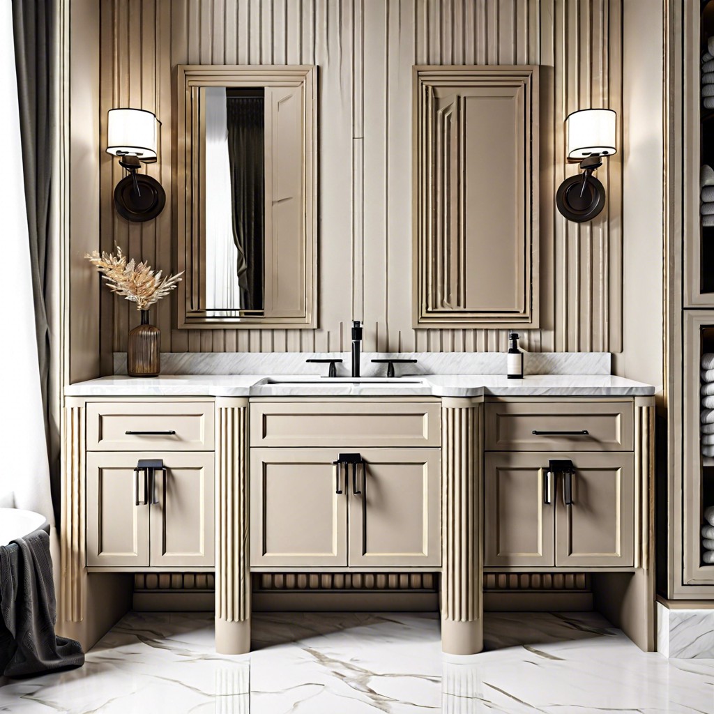 beige fluted vanity with natural stone basin