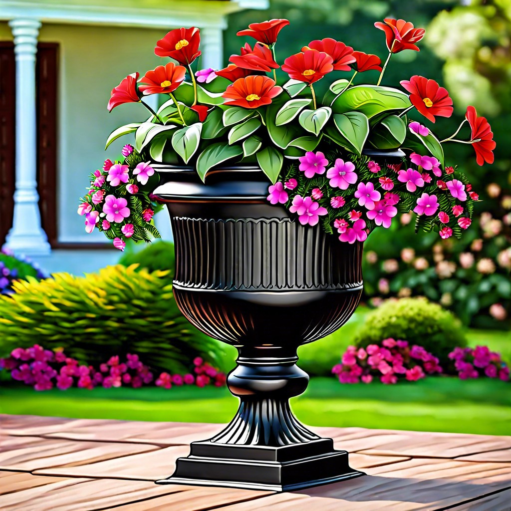 black iron fluted planter with bright flowers