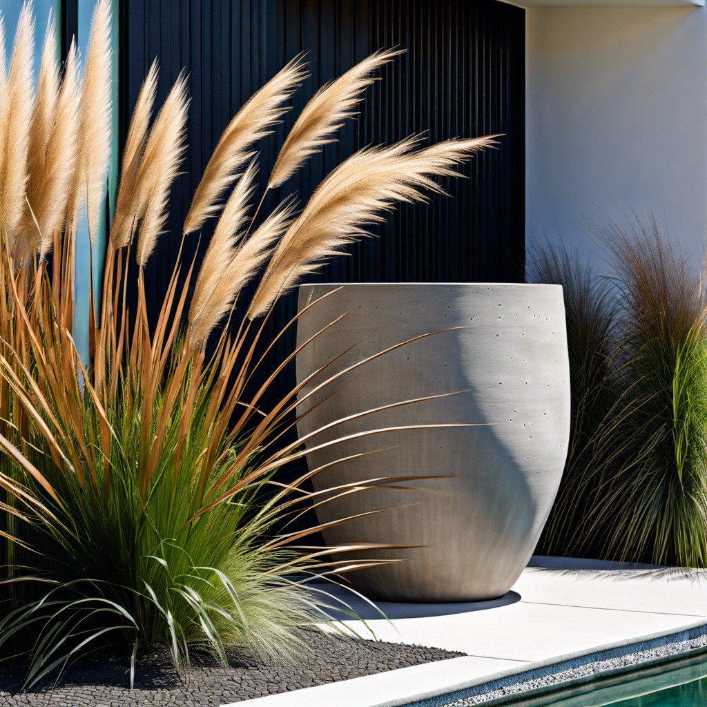 concrete fluted planter with tall grasses