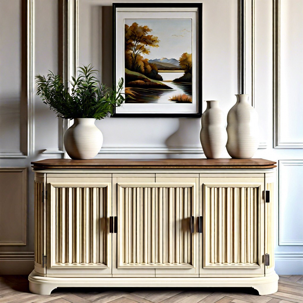cream colored fluted sideboard with natural wood top