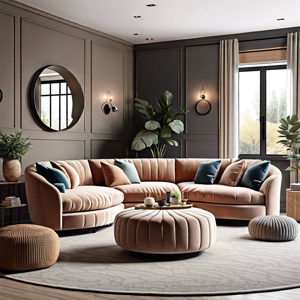 create a conversation circle with a large circle couch and accent chairs