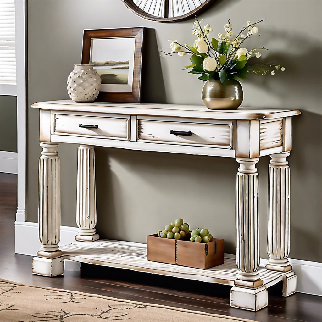 distressed white fluted farmhouse console