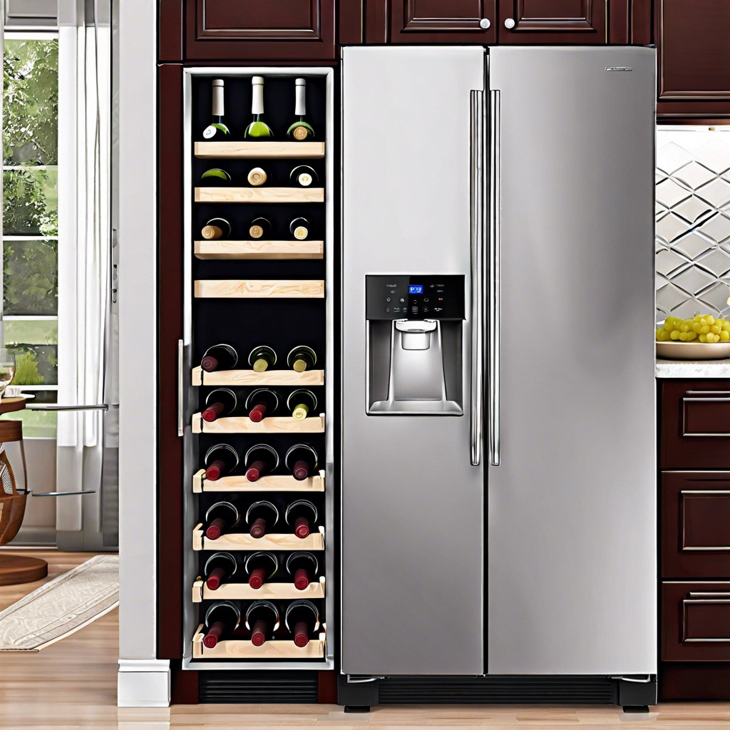 diy vertical wine rack above refrigerator