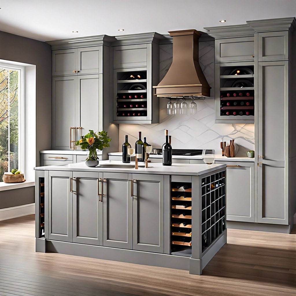 dove grey cabinets with a built in wine rack