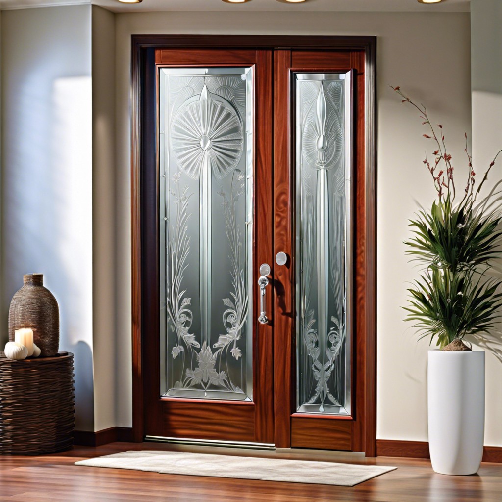 etched fluted glass door with intricate design