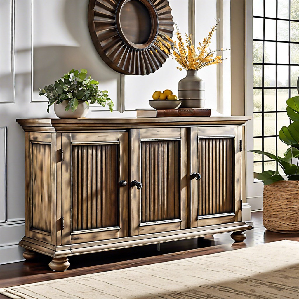 farmhouse style distressed wood fluted credenza