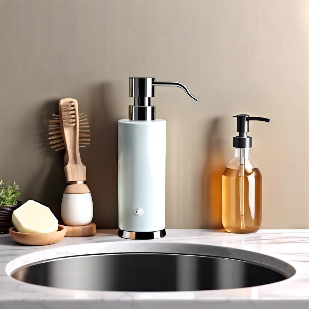 feature a wall mounted soap dispenser