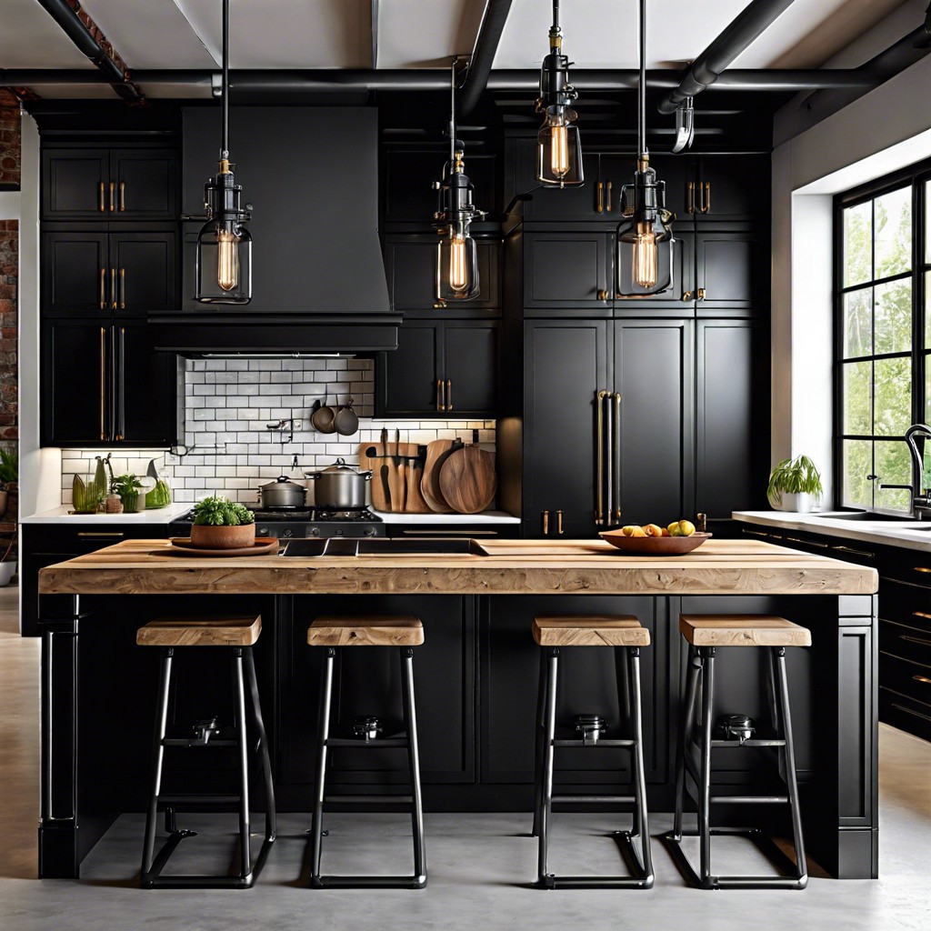 feature industrial elements like exposed pipes with black cabinets