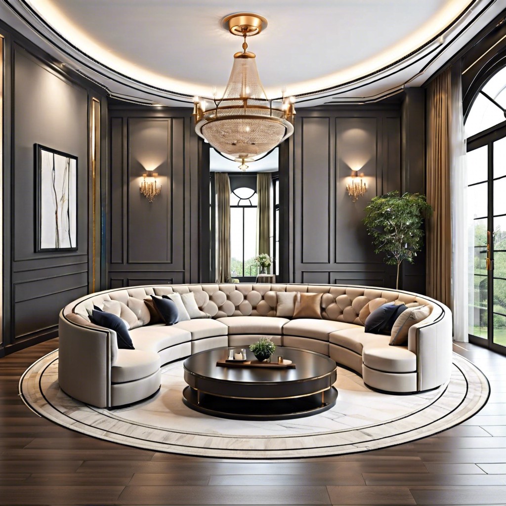 float a circle couch in a large foyer for an elegant greeting area