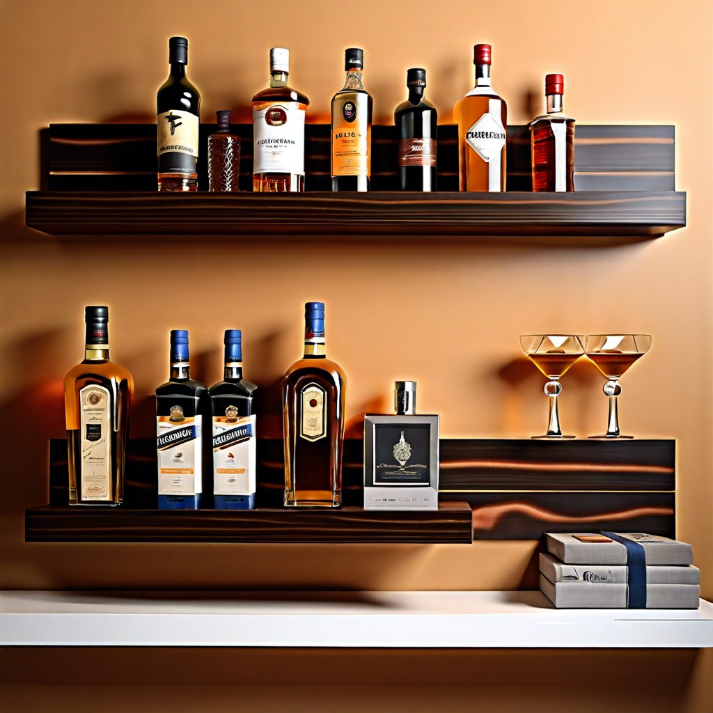 floating shelf with hidden bottle compartments