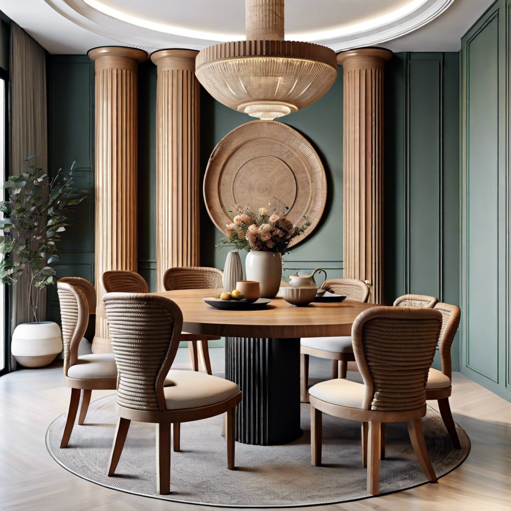 fluted column dining table with woven chairs