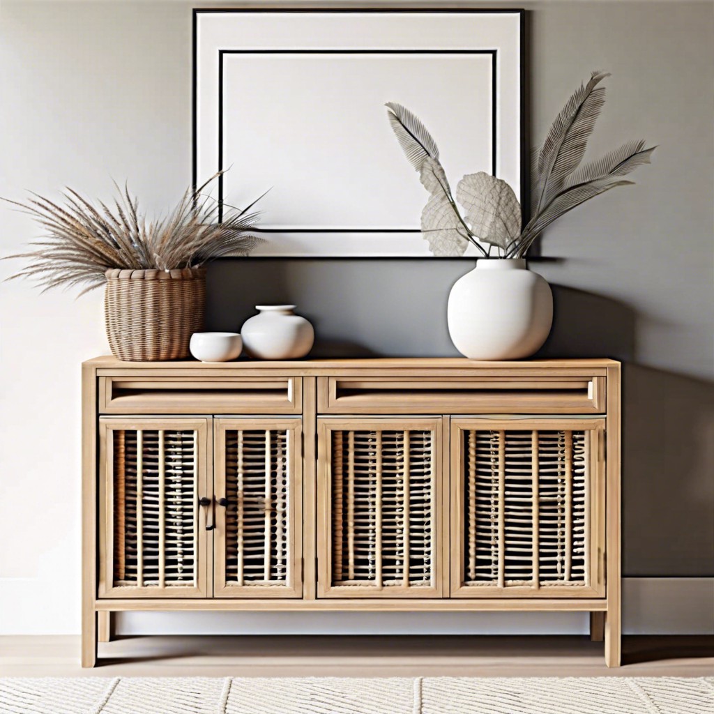 fluted console with wicker storage baskets
