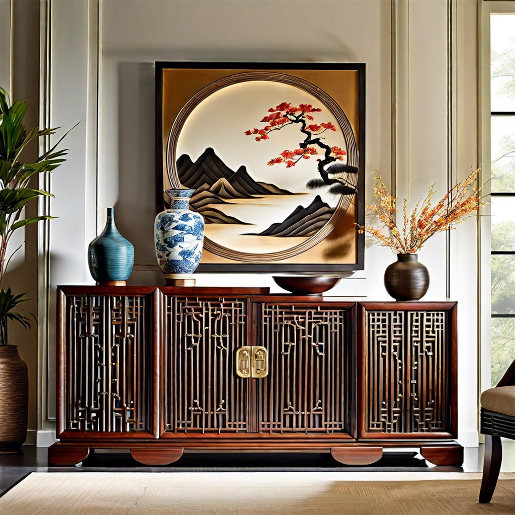 fluted credenza with an asian inspired design