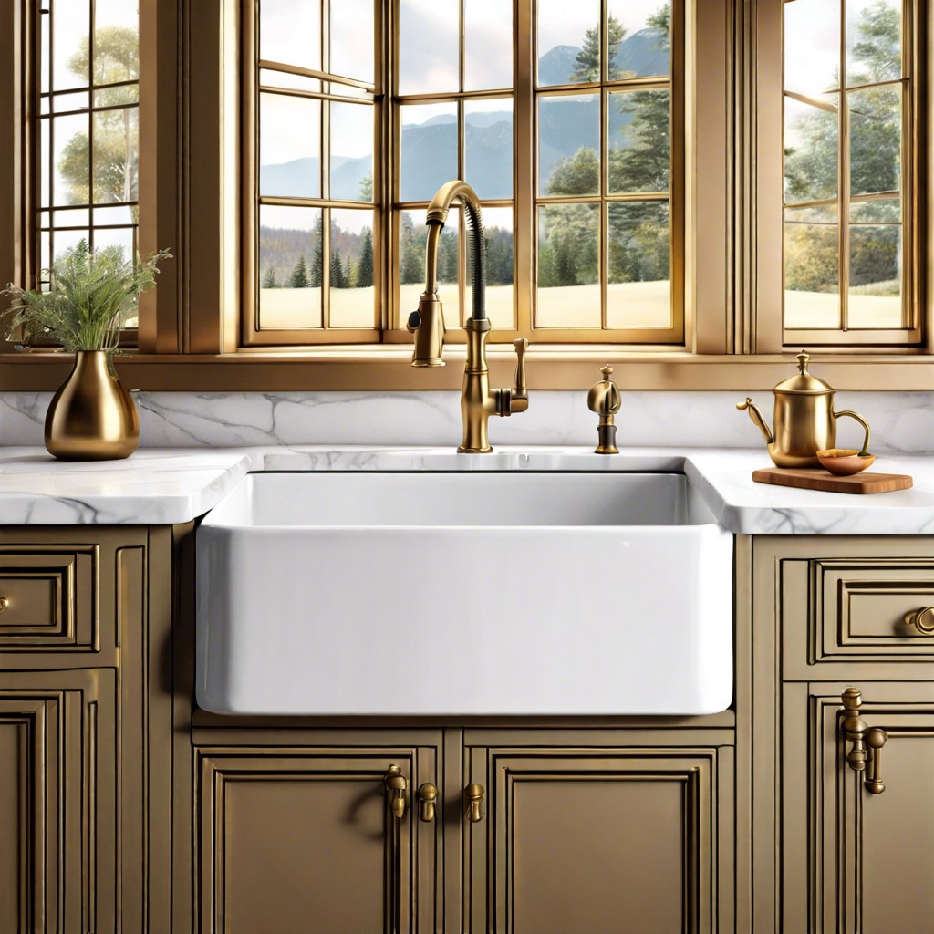 fluted farmhouse sink with antique brass faucet