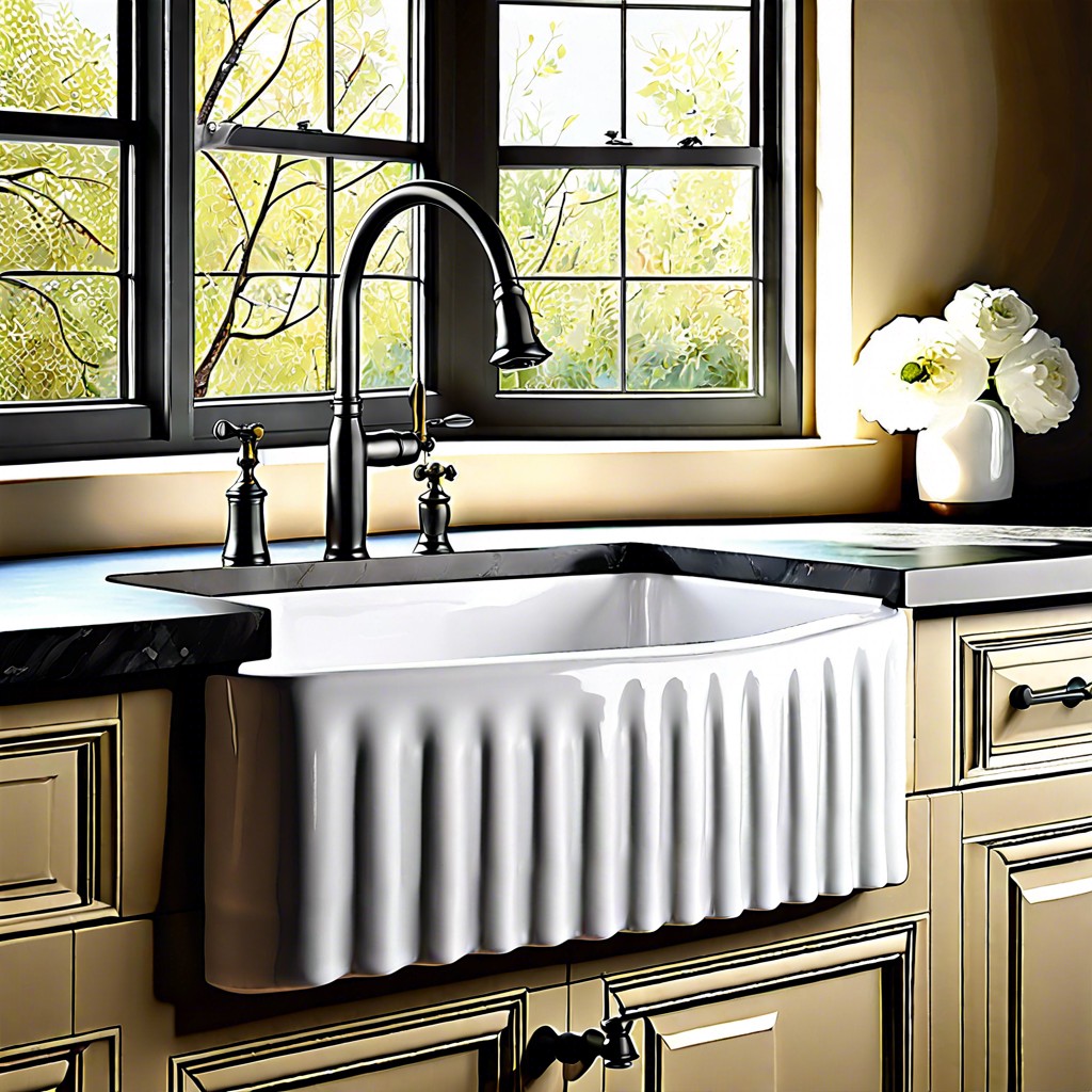 fluted farmhouse sink with high arch spout faucet
